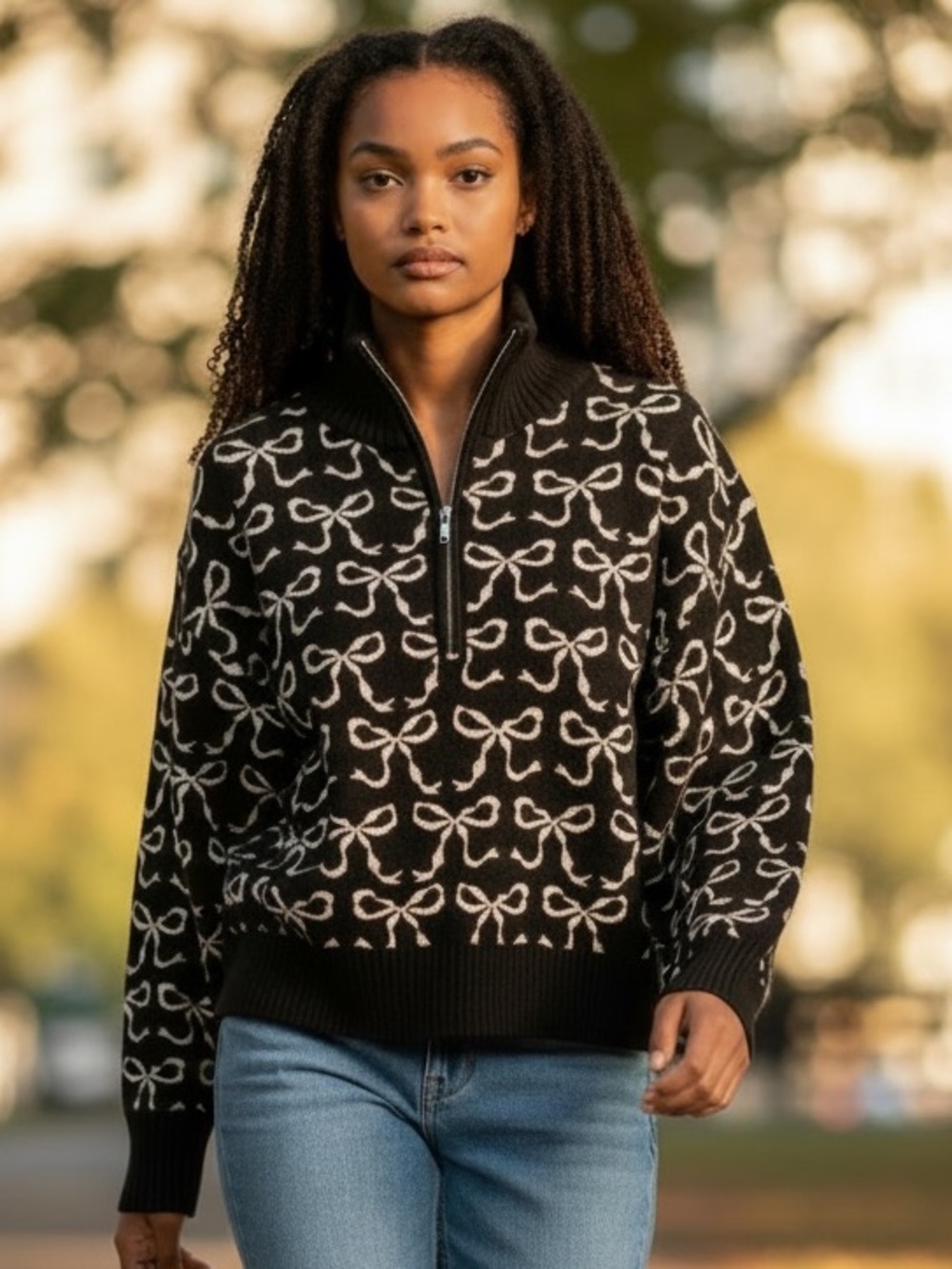 Maeve Anthropologie The Montana Bow Mock Neck Half Zip Sweater Size XS Black